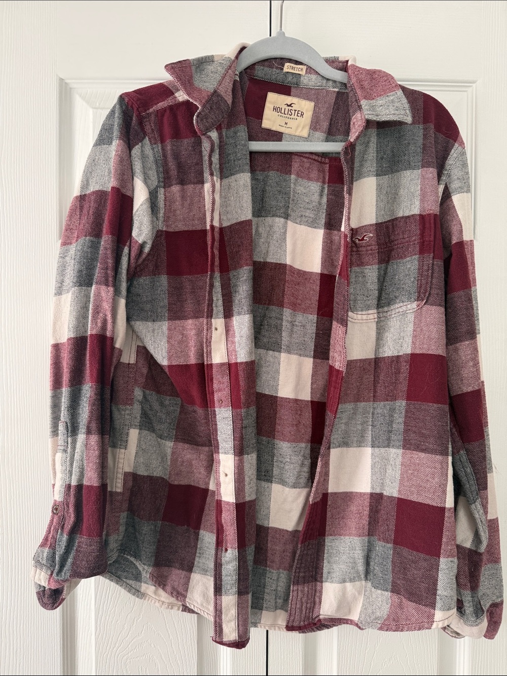 Hollister Burgundy, Gray & Cream Plaid Flannel Shirt